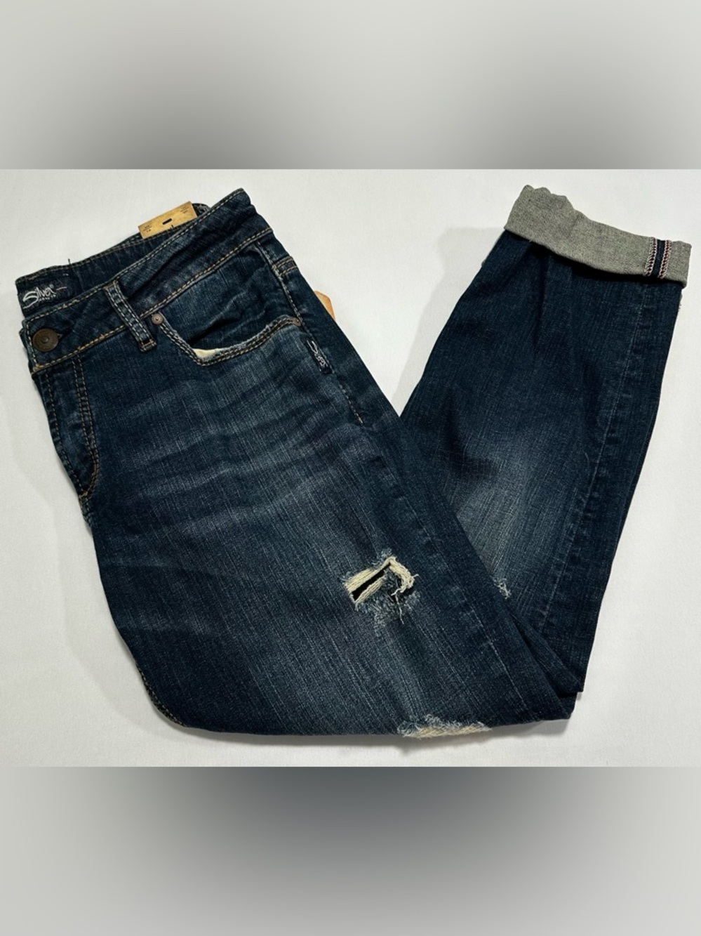 Silver Jeans Co Sam Distressed Dark Wash Boyfriend Jean. 
Size: W30/L27